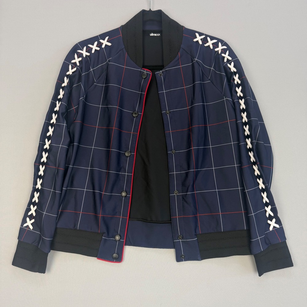 Ultracor Lace Up Sleeve Bomber Jacket Navy Blue Grid Snap Front Activewear Small